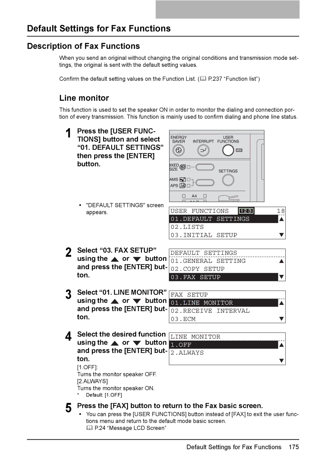 Toshiba GD-1220 manual Default Settings for Fax Functions, Description of Fax Functions, Line monitor 