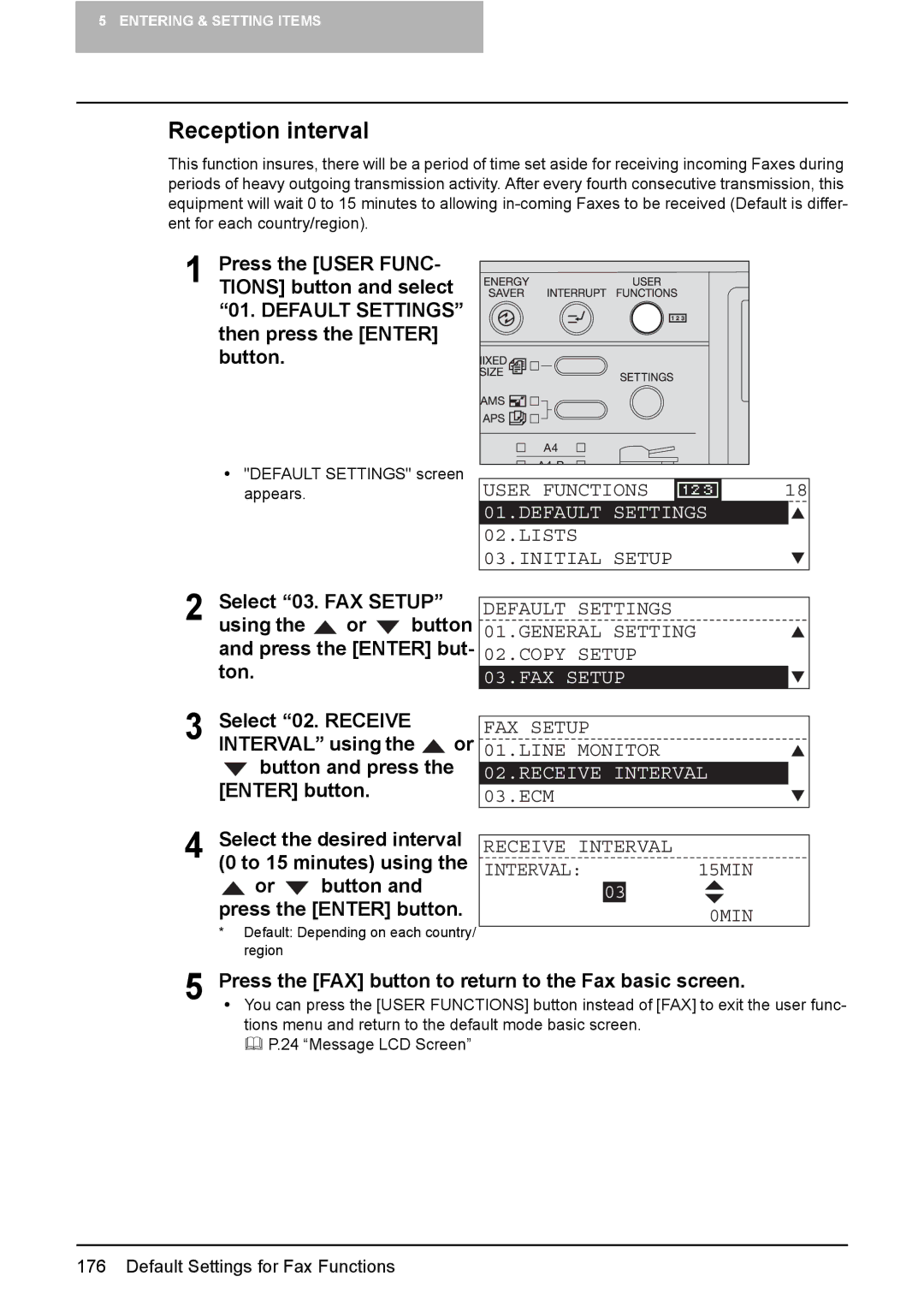 Toshiba GD-1220 manual Reception interval, Receive Interval Interval 15MIN 0MIN 