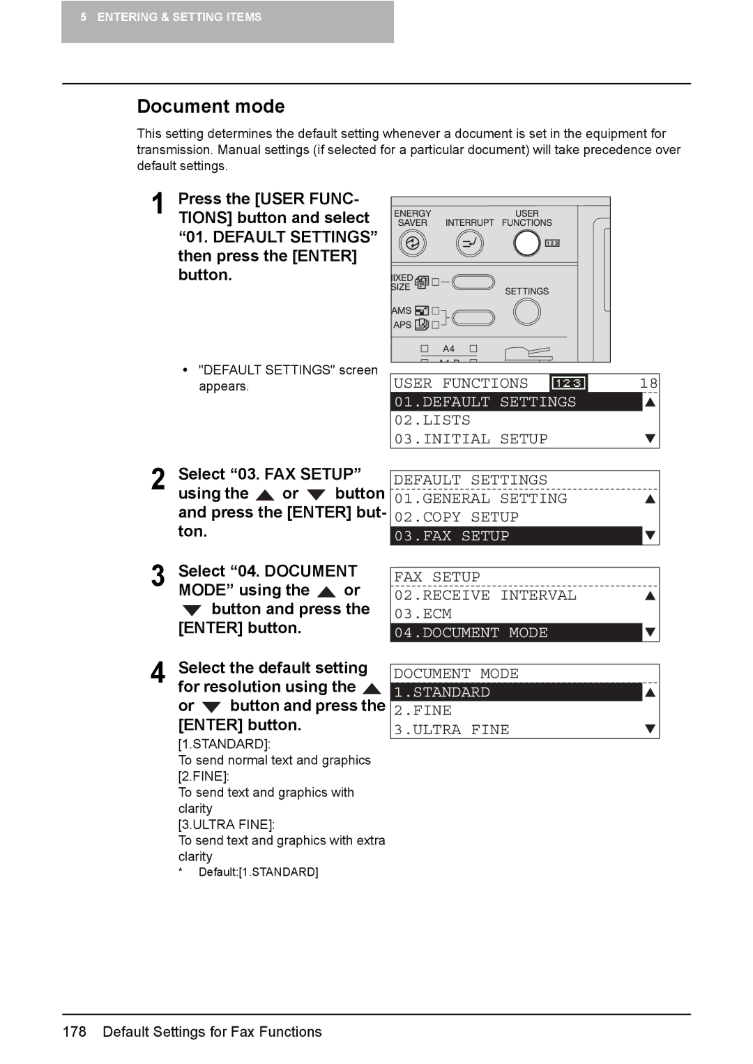 Toshiba GD-1220 manual Document mode, Or button and press the Enter button 