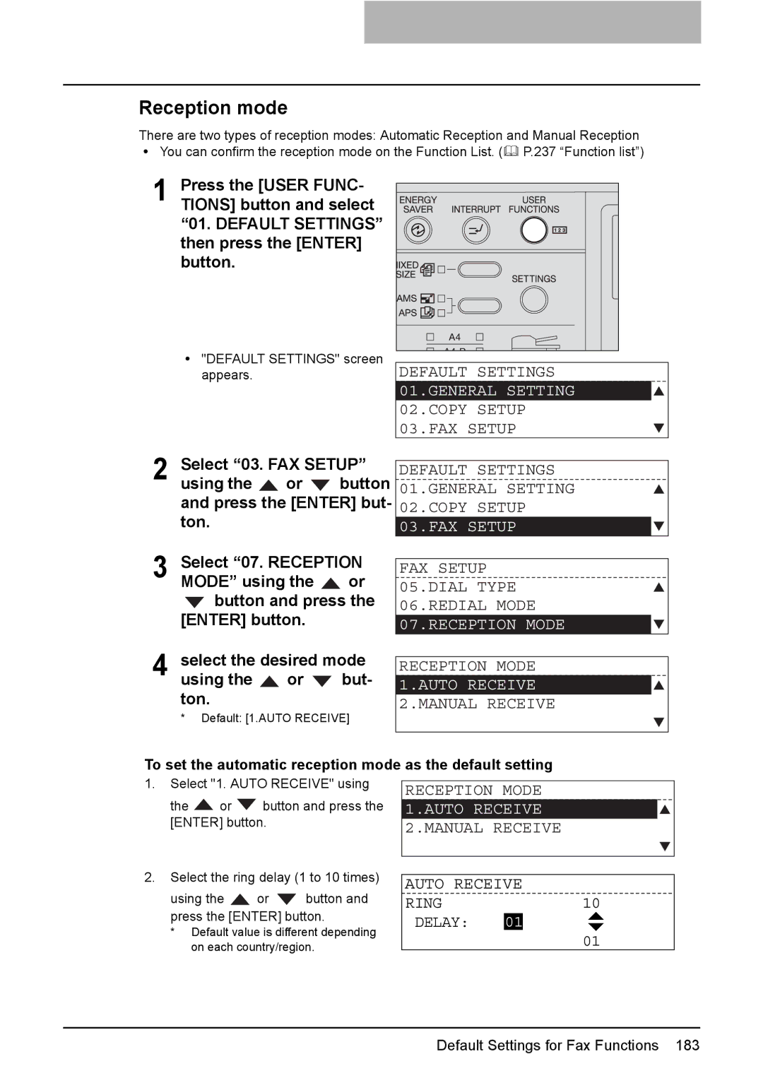 Toshiba GD-1220 Manual Receive Auto Receive Ring Delay, To set the automatic reception mode as the default setting 