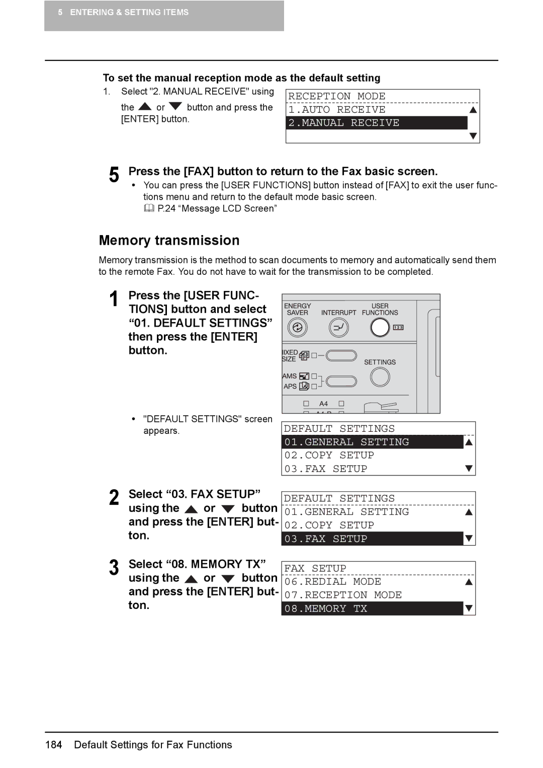 Toshiba GD-1220 manual Reception Mode Auto Receive, FAX Setup 06.REDIAL Mode 07.RECEPTION Mode, Memory TX 