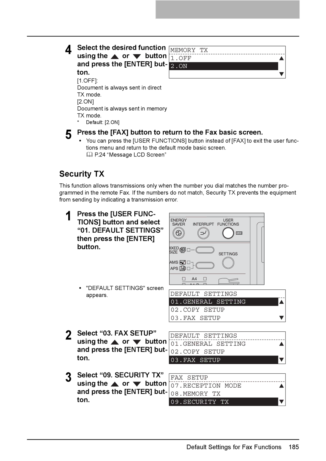 Toshiba GD-1220 manual Security TX, Memory TX OFF, FAX Setup 07.RECEPTION Mode 08.MEMORY TX 