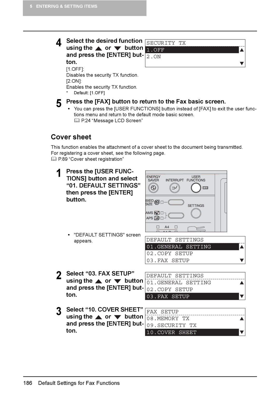 Toshiba GD-1220 manual Cover sheet, Security TX, FAX Setup 08.MEMORY TX 09.SECURITY TX, Cover Sheet 