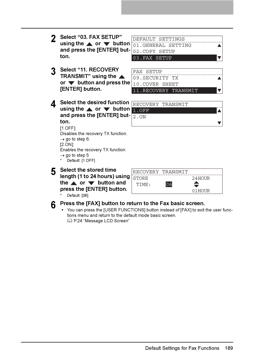 Toshiba GD-1220 manual FAX Setup 09.SECURITY TX 10.COVER Sheet, Recovery Transmit 1.OFF, Recovery Transmit Store 