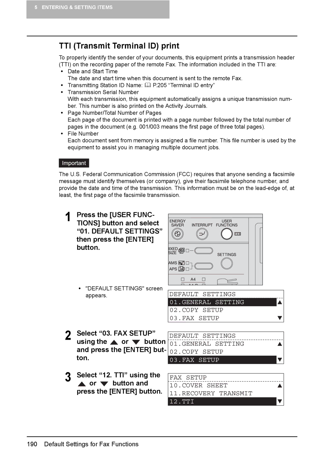 Toshiba GD-1220 manual TTI Transmit Terminal ID print, FAX Setup 10.COVER Sheet 11.RECOVERY Transmit 