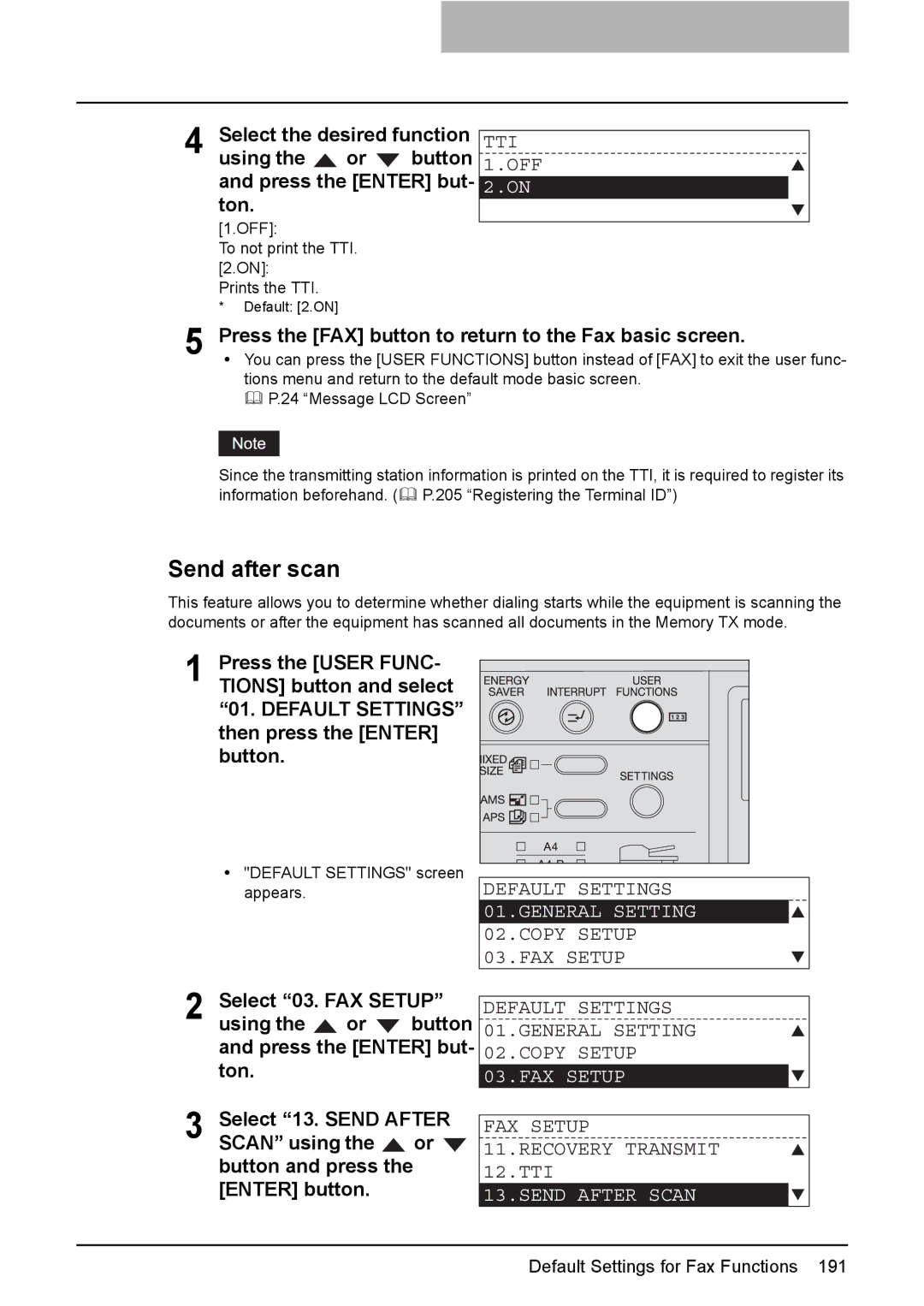 Toshiba GD-1220 manual Tti Off, FAX Setup 11.RECOVERY Transmit 12.TTI, Send After Scan 