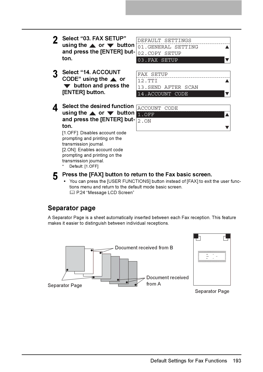 Toshiba GD-1220 manual Separator, FAX Setup 12.TTI Send After Scan, Account Code 1.OFF 