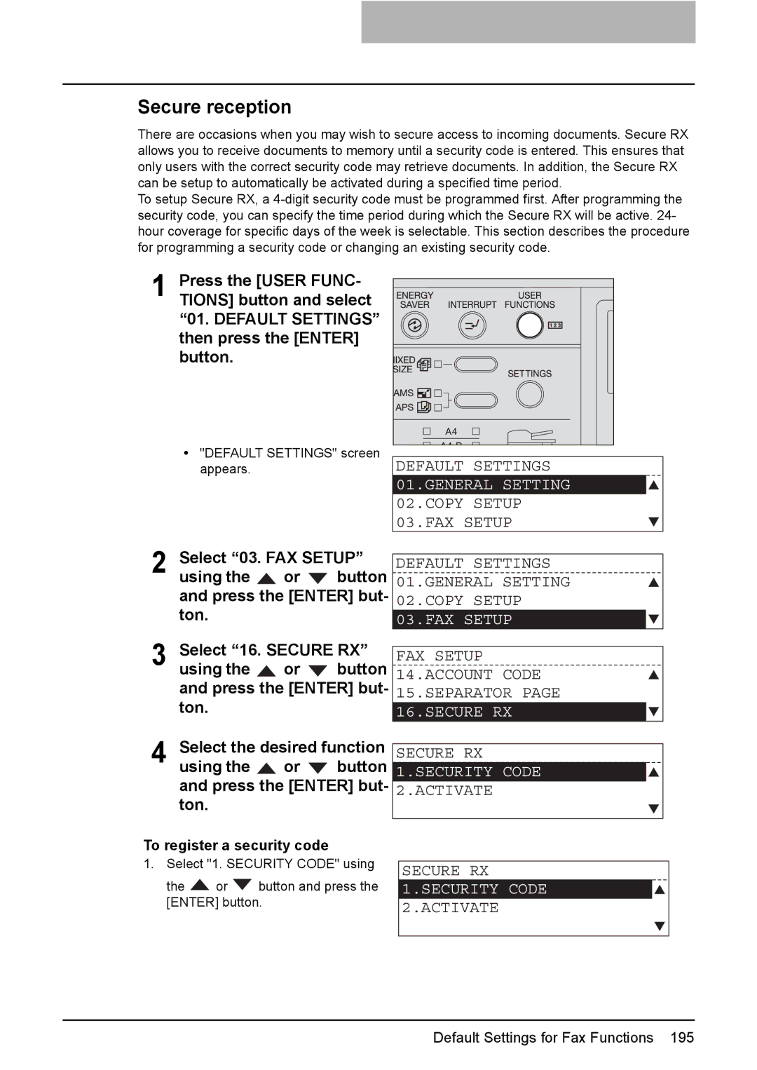 Toshiba GD-1220 manual FAX Setup 14.ACCOUNT Code 15.SEPARATOR, Secure RX, Security Code, Activate 