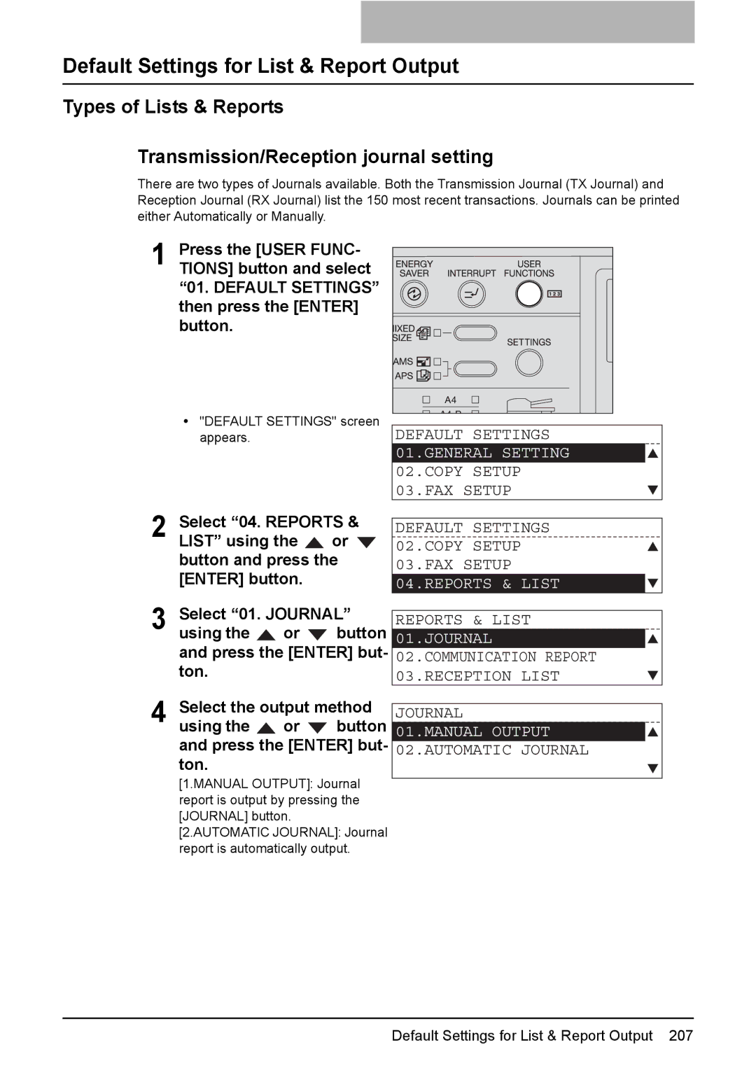 Toshiba GD-1220 manual Default Settings for List & Report Output, Reports & List, Journal, Manual Output 