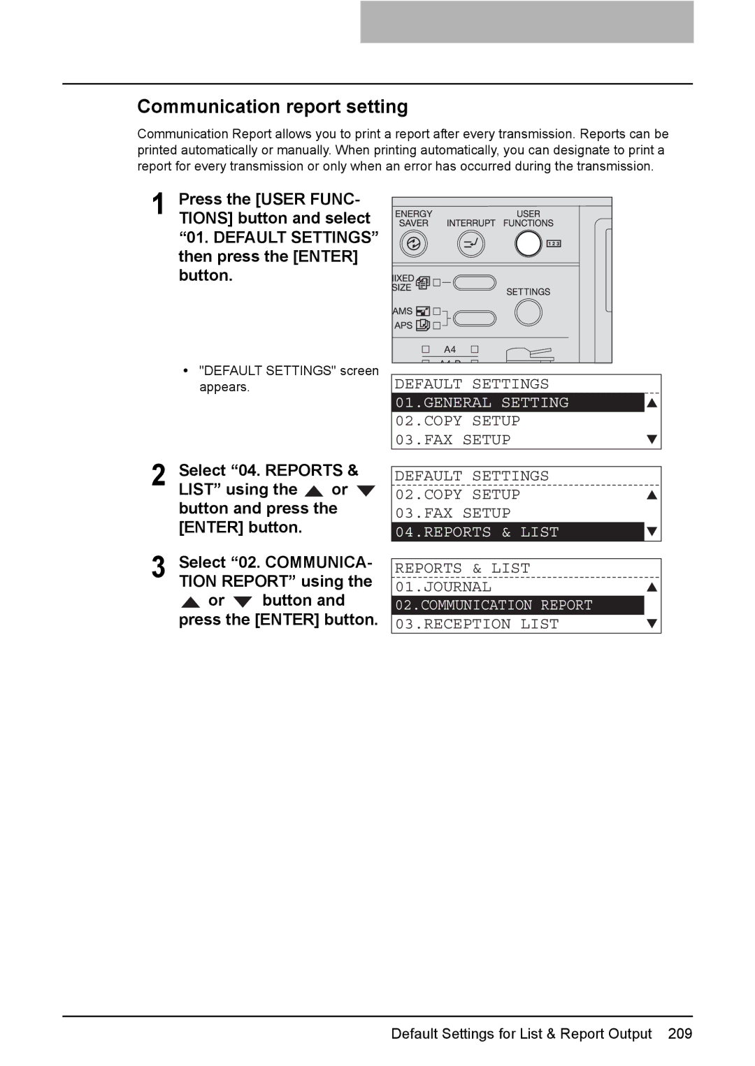 Toshiba GD-1220 manual Communication report setting, Reports & List 01.JOURNAL, Communication Report, Reception List 