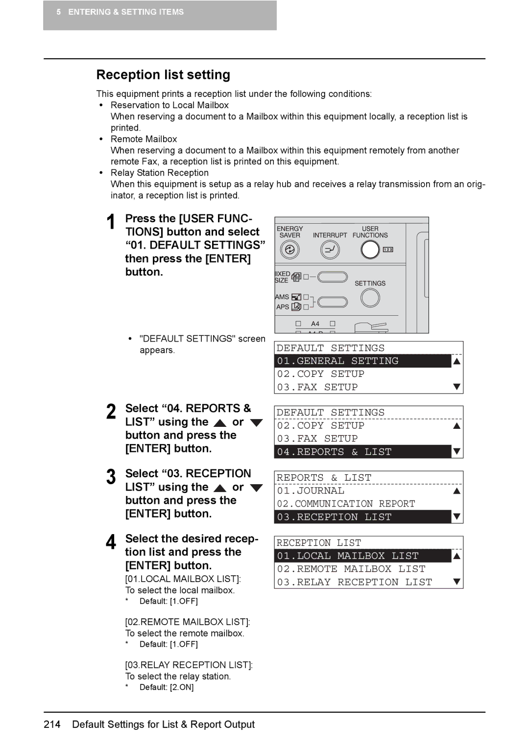 Toshiba GD-1220 Reception list setting, Reports & List 01.JOURNAL Communication Report, Reception List, Local Mailbox List 