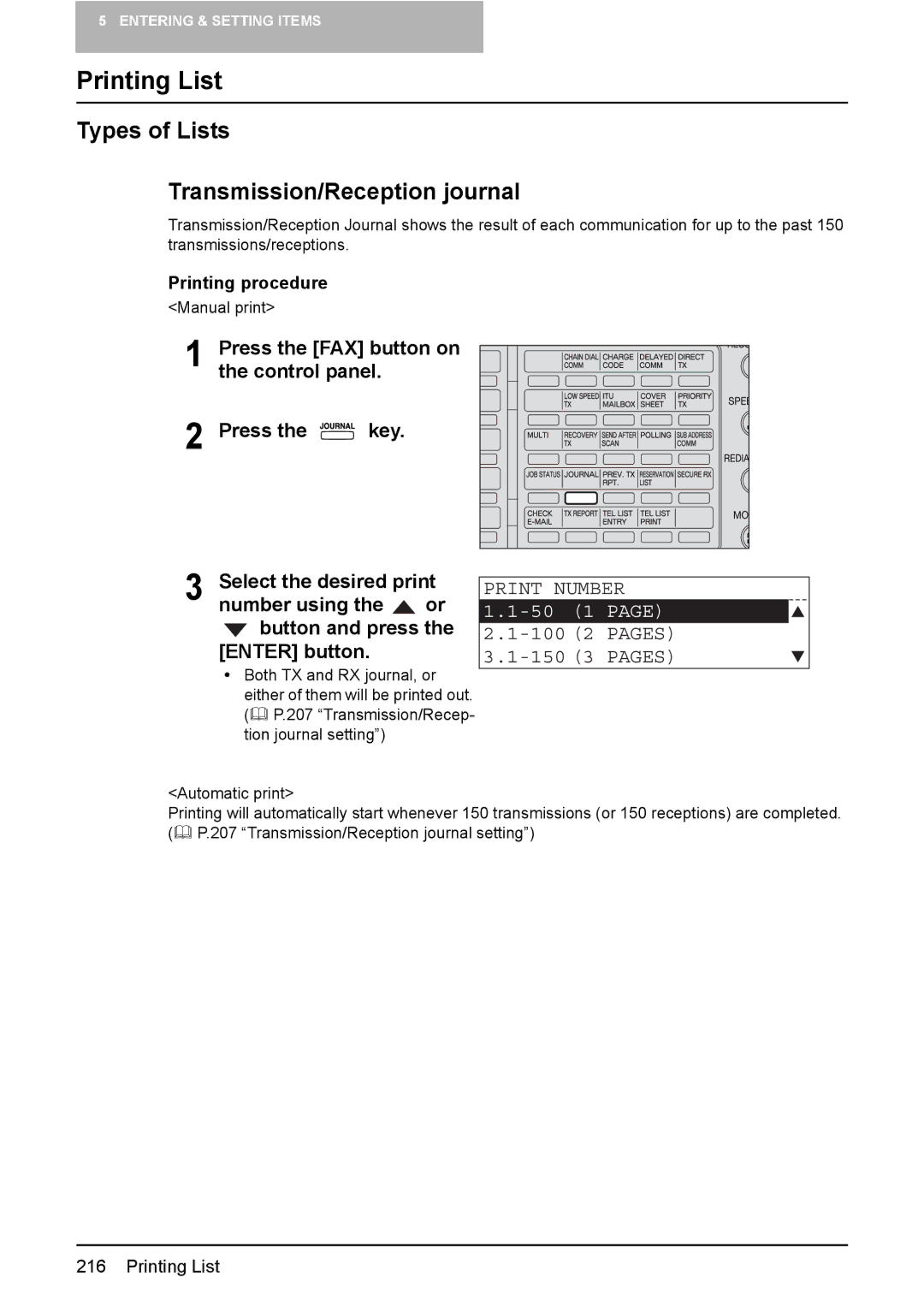 Toshiba GD-1220 manual Printing List, Types of Lists Transmission/Reception journal, Print Number, 100 2 Pages 150 3 Pages 