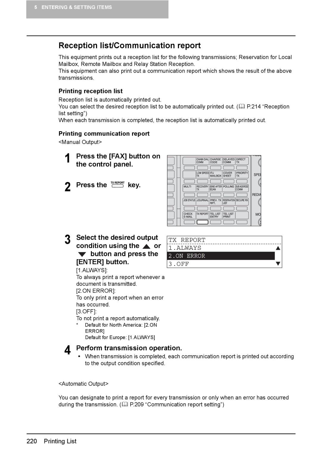 Toshiba GD-1220 manual Reception list/Communication report, TX Report Always, Perform transmission operation 