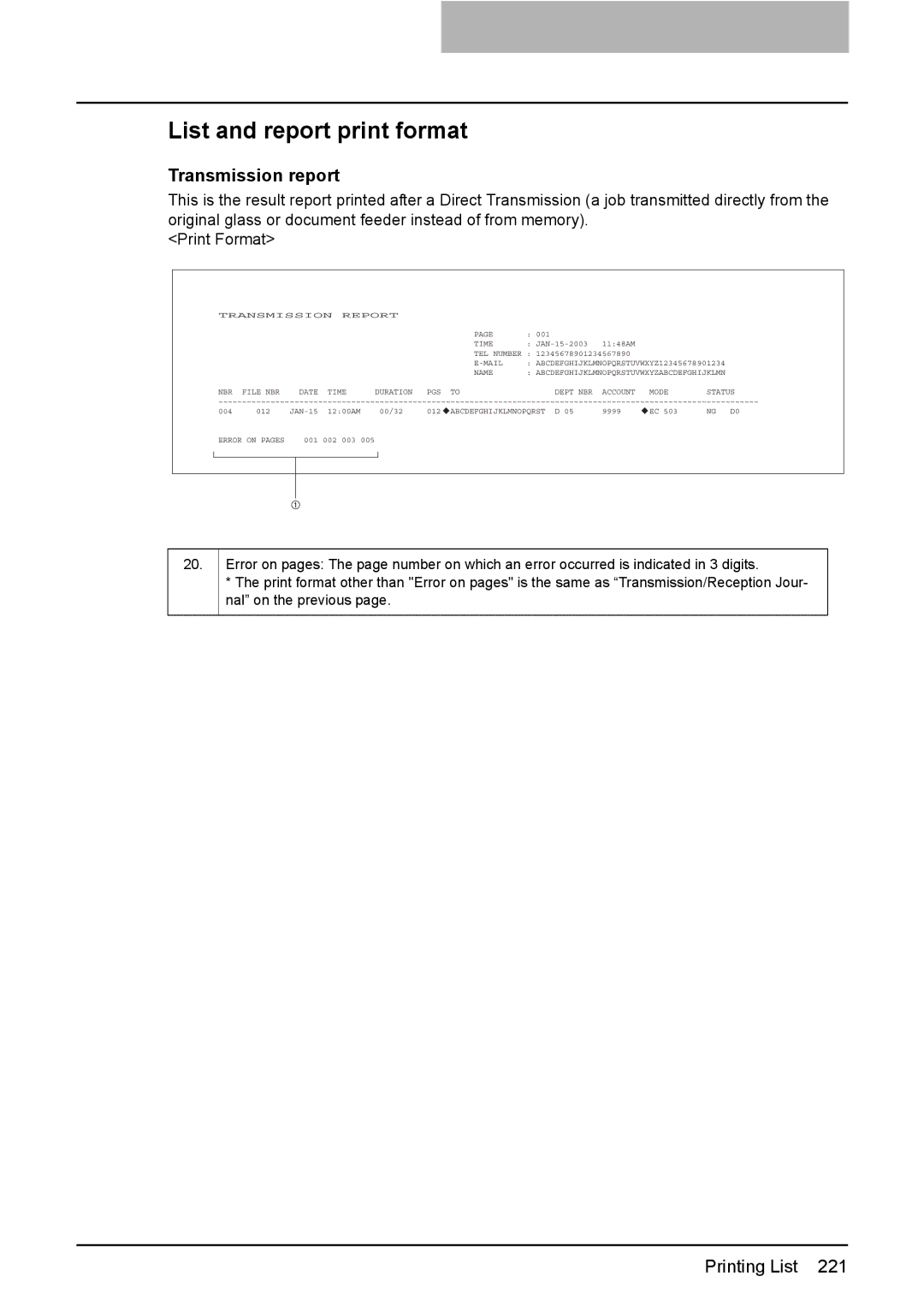 Toshiba GD-1220 manual List and report print format, Transmission report 