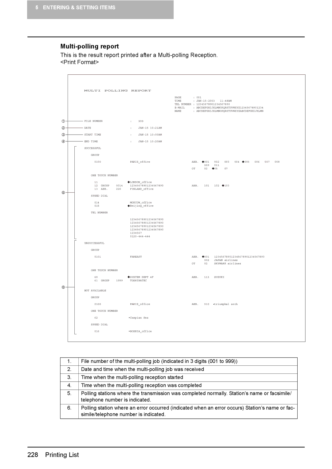 Toshiba GD-1220 manual Multi-polling report, Telephone number is indicated 