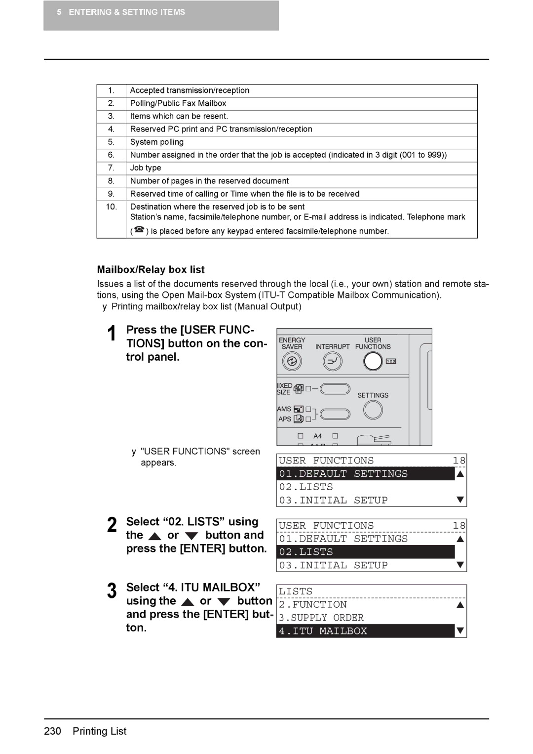 Toshiba GD-1220 manual Press the User FUNC- Tions button on the con- trol panel, Select 02. Lists using, ITU Mailbox 