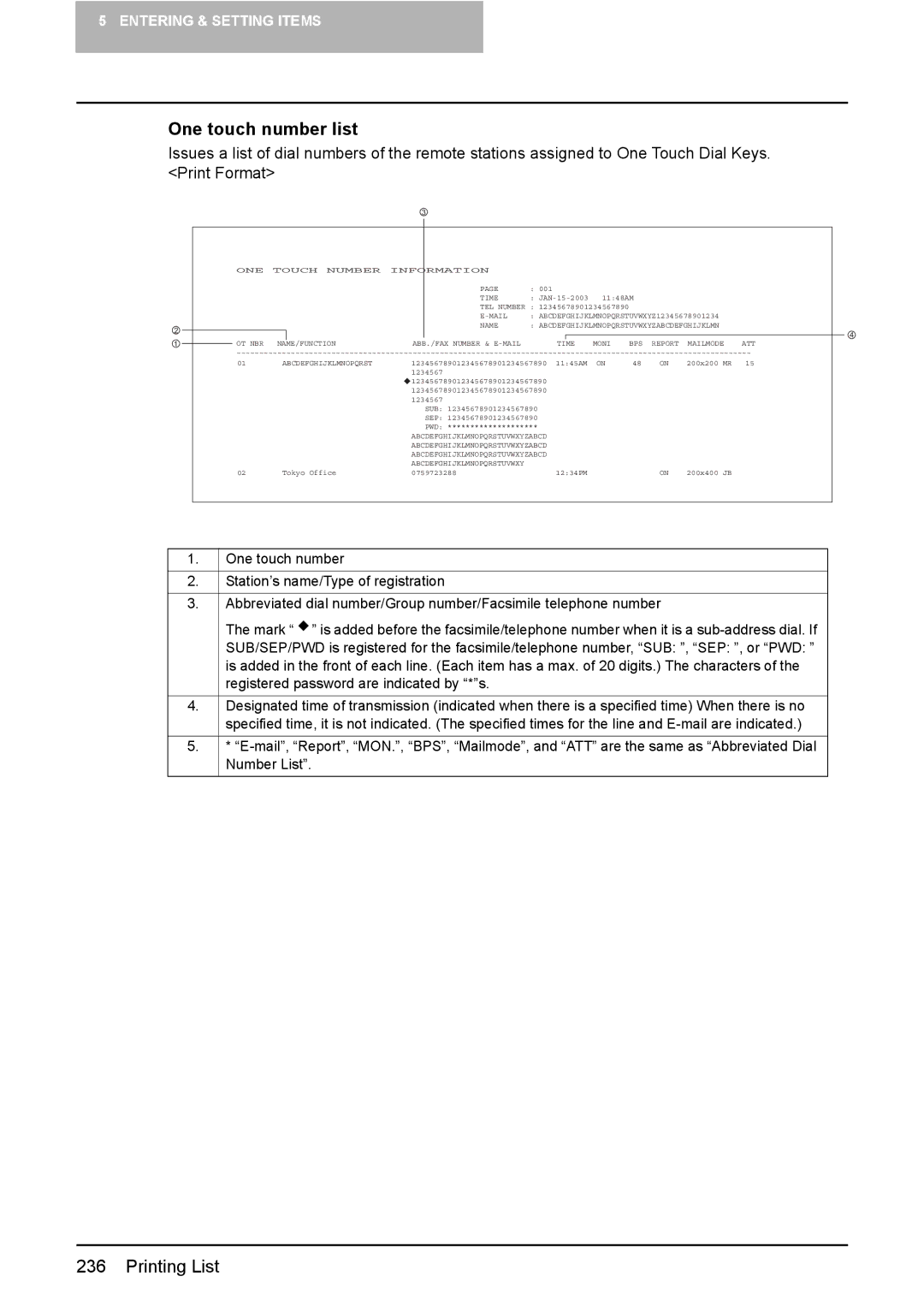 Toshiba GD-1220 manual One touch number list, Mailmode ATT 