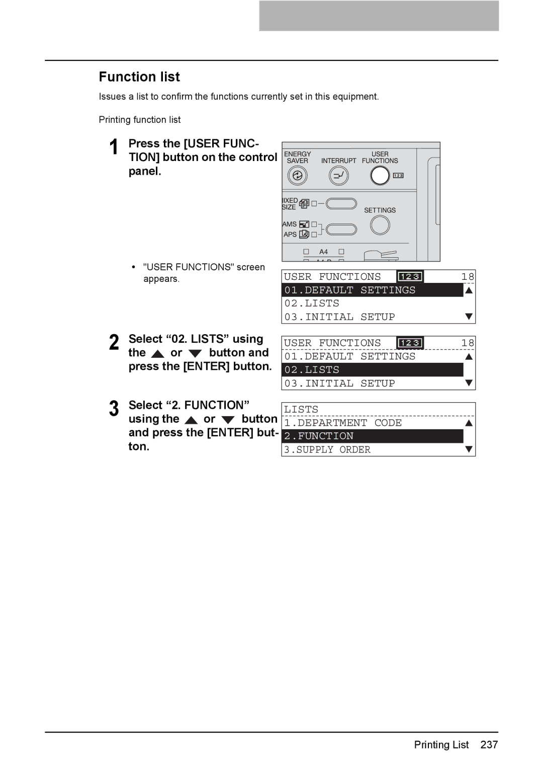 Toshiba GD-1220 manual Function list, Press the User FUNC- Tion button on the control panel, Lists 1.DEPARTMENT Code 