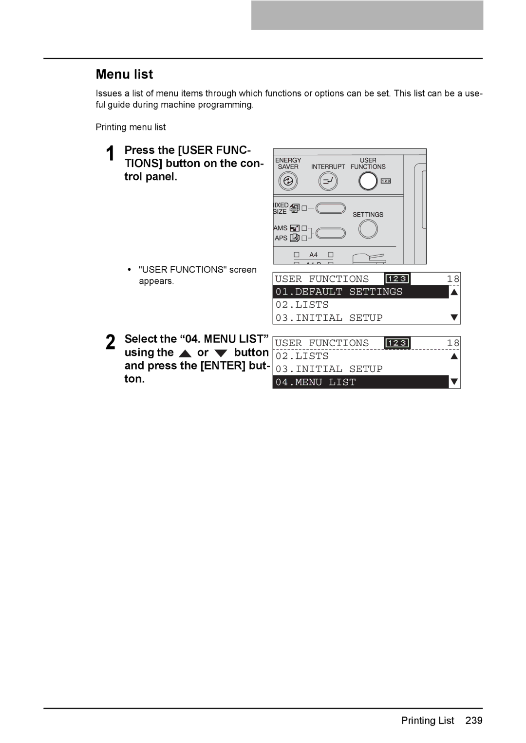 Toshiba GD-1220 manual Menu list, User Functions Lists 03.INITIAL Setup, Menu List 