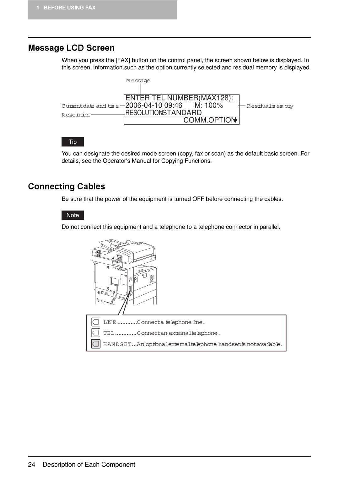 Toshiba GD-1220 manual Message LCD Screen, Connecting Cables, Enter TEL NUMBERMAX128 2006-04-10 0946 M 100% 