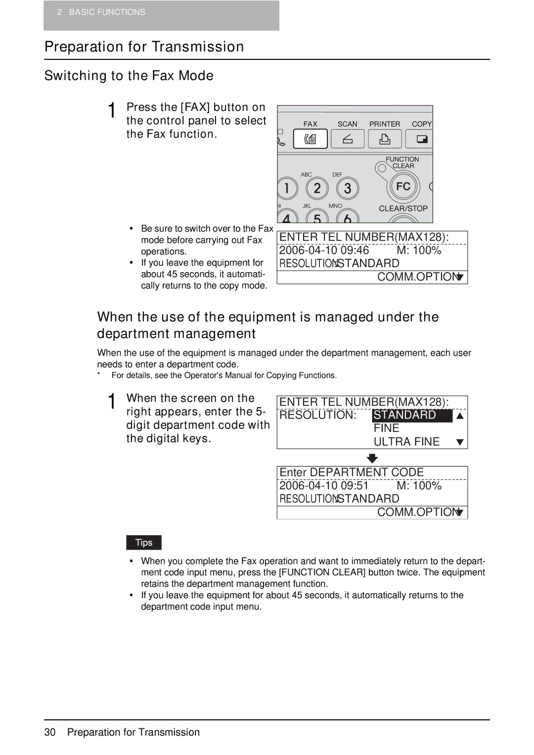 Toshiba GD-1220 manual Preparation for Transmission, Switching to the Fax Mode, Enter TEL NUMBERMAX128 