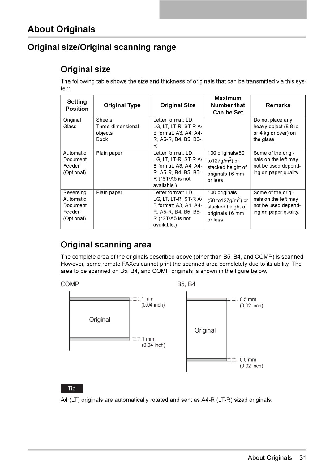 Toshiba GD-1220 manual About Originals, Original size/Original scanning range, Original scanning area, Setting 