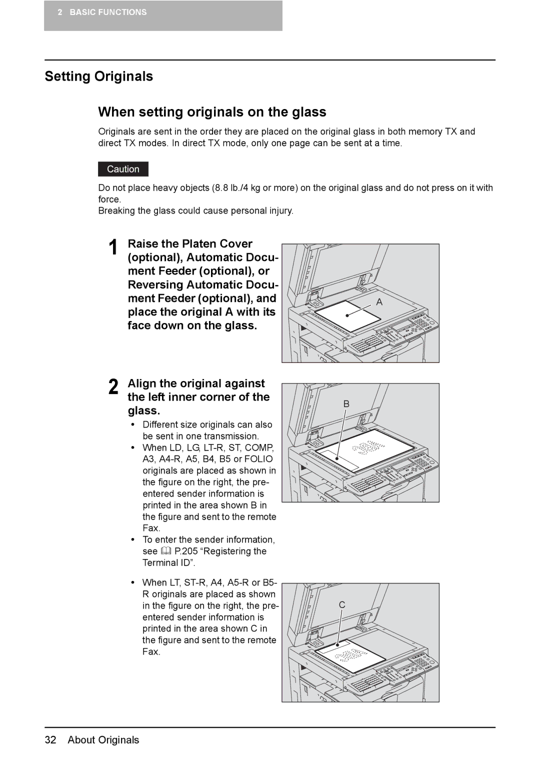 Toshiba GD-1220 manual Setting Originals When setting originals on the glass 