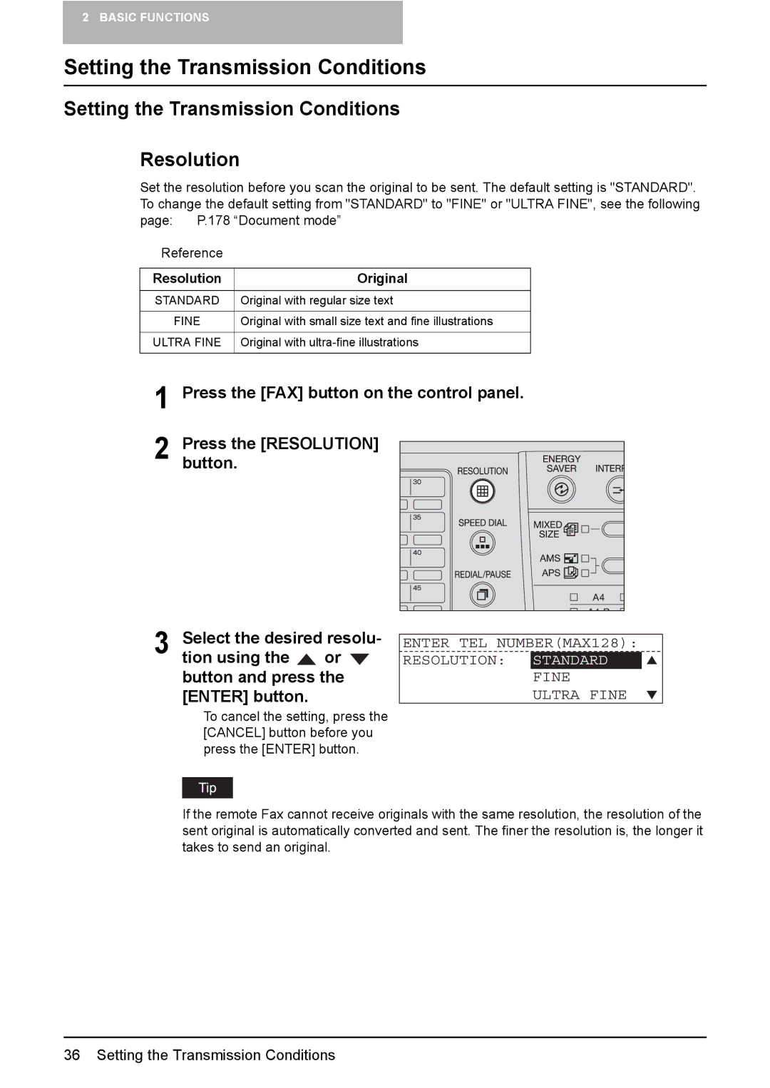 Toshiba GD-1220 manual Setting the Transmission Conditions Resolution, Resolution Original 