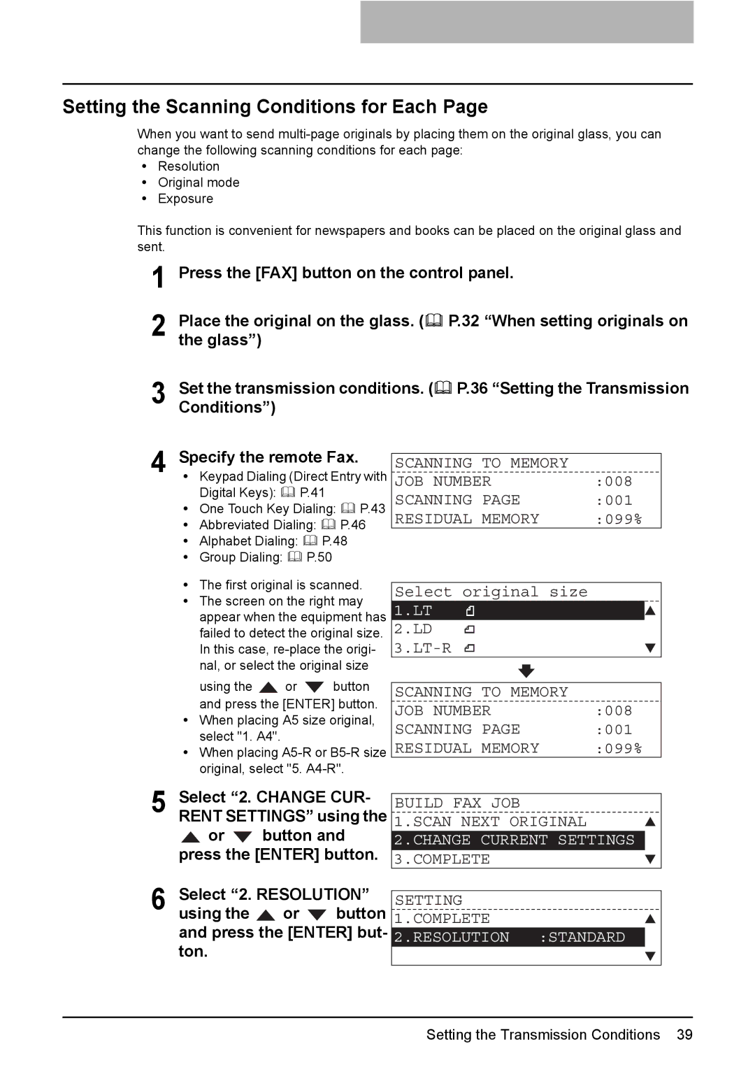 Toshiba GD-1220 manual Setting the Scanning Conditions for Each, Press the FAX button on the control panel 