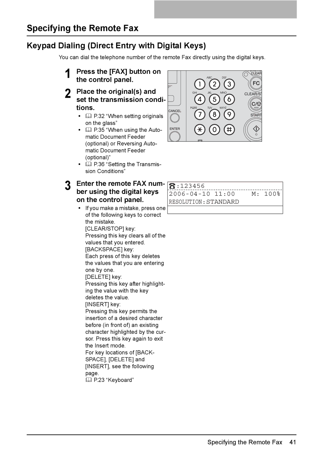 Toshiba GD-1220 manual Specifying the Remote Fax, Keypad Dialing Direct Entry with Digital Keys, 123456 2006-04-10 100% 