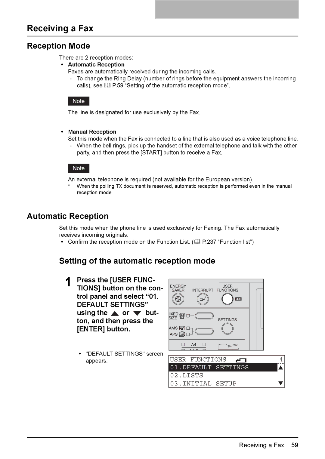 Toshiba GD-1220 manual Receiving a Fax, Reception Mode, Automatic Reception, Setting of the automatic reception mode 