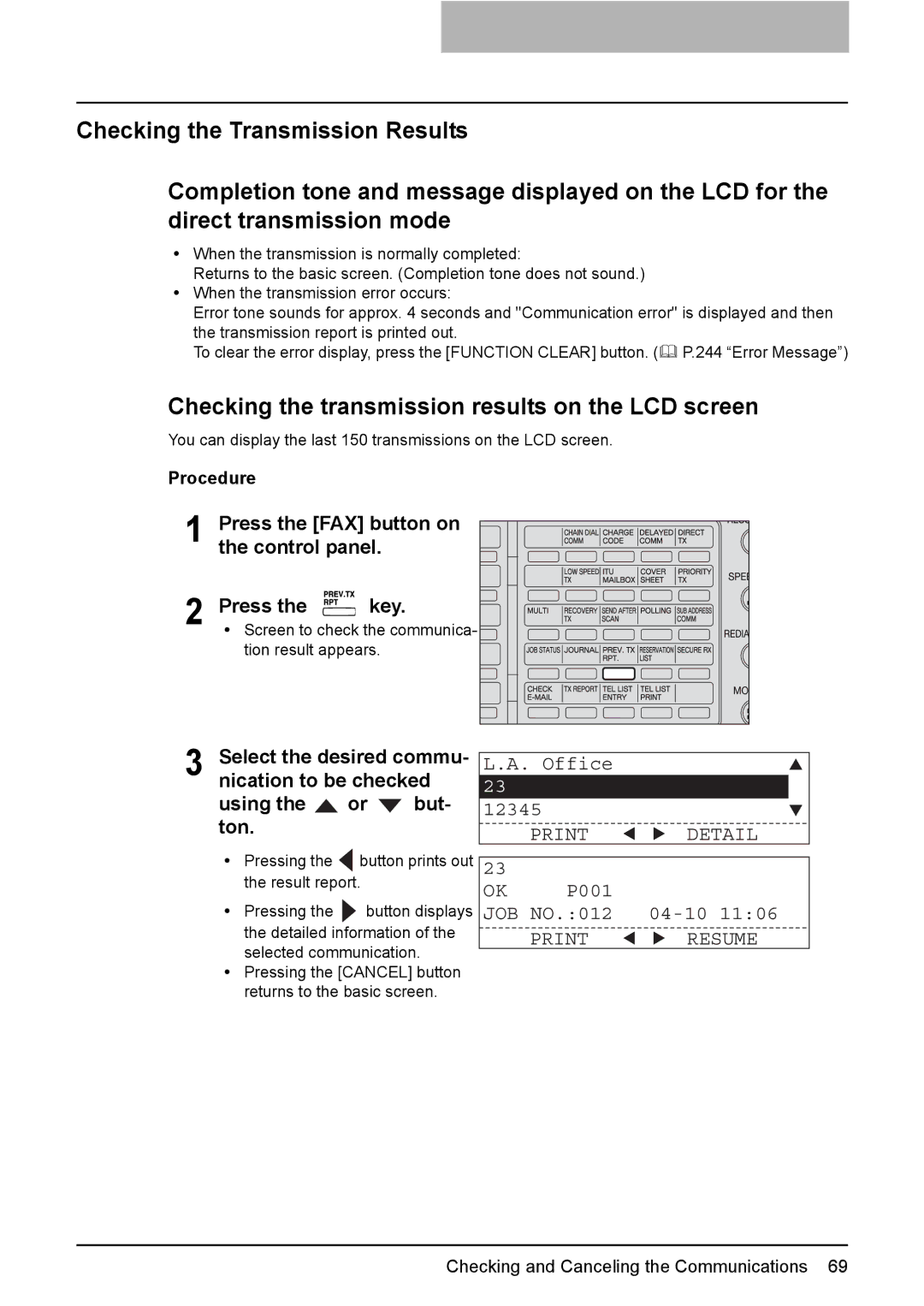 Toshiba GD-1220 manual Checking the transmission results on the LCD screen, Press the FAX button on the control panel Key 