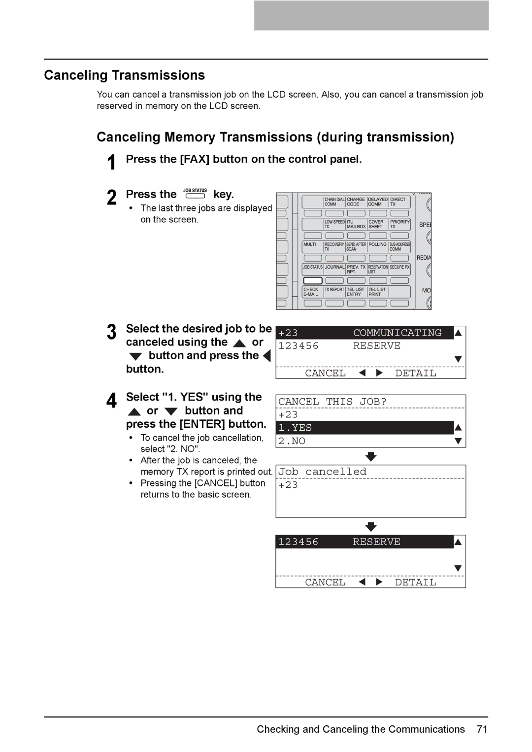 Toshiba GD-1220 manual Canceling Transmissions, Canceling Memory Transmissions during transmission, Canceled using 