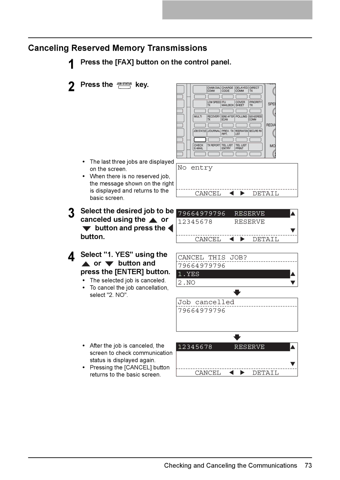 Toshiba GD-1220 manual Canceling Reserved Memory Transmissions, Press the FAX button on the control panel Press the key 