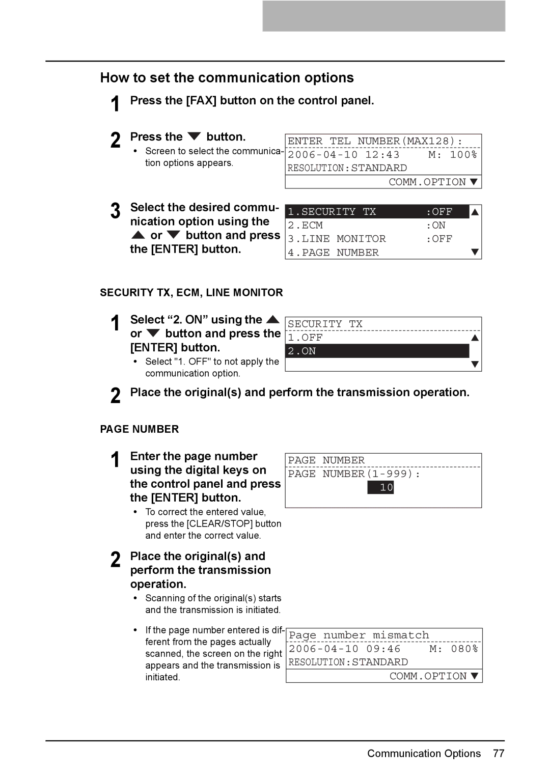 Toshiba GD-1220 How to set the communication options, Press the FAX button on the control panel Button, Select 2. on using 