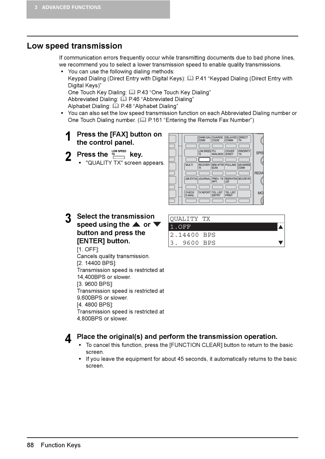 Toshiba GD-1220 manual Low speed transmission, Quality TX, BPS 9600 BPS 