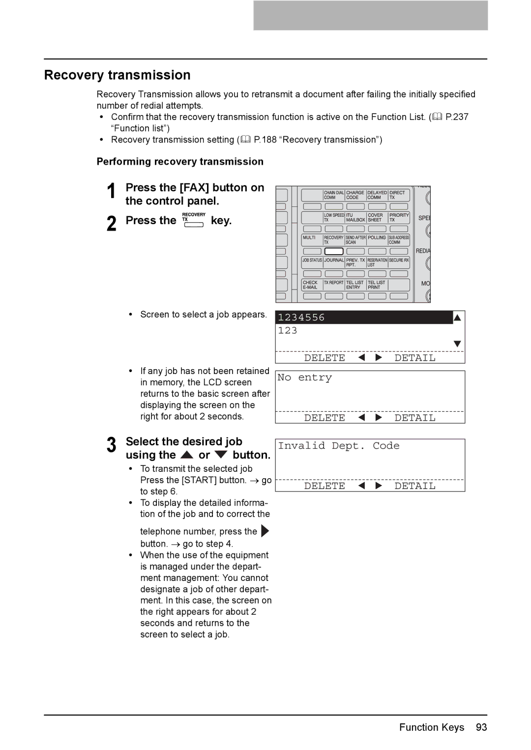 Toshiba GD-1220 manual Recovery transmission, Select the desired job, Using Button, Delete Detail 