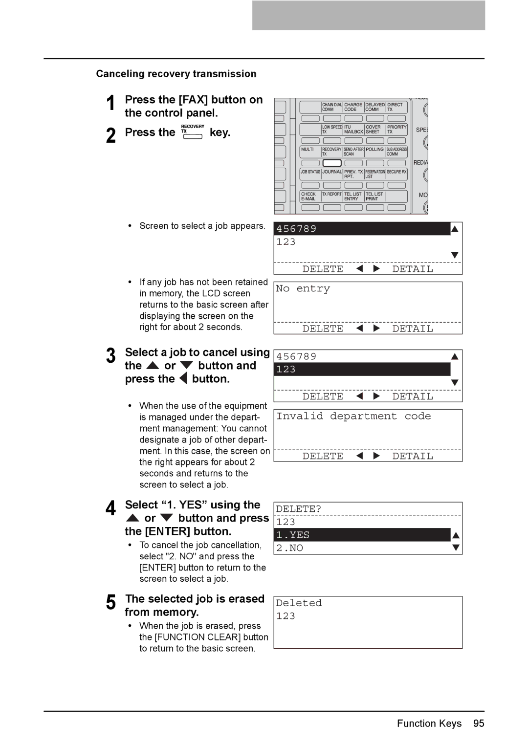 Toshiba GD-1220 manual 456789, Invalid department code, Delete?, Selected job is erased from memory, Deleted 