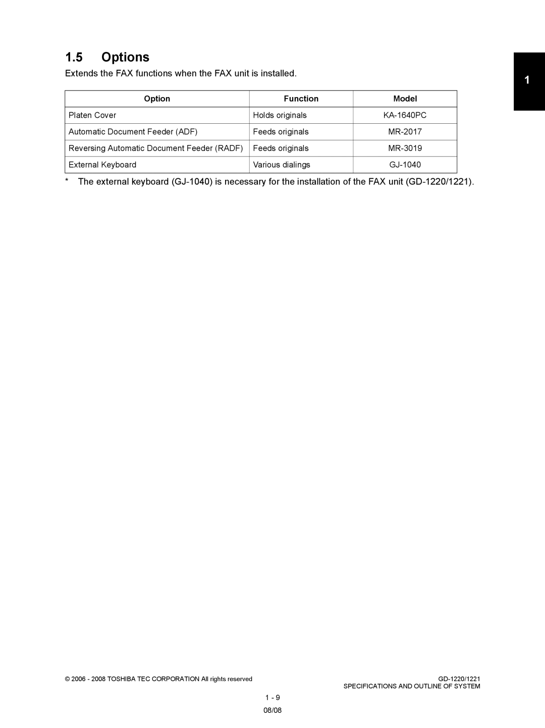 Toshiba GD-1220, GD-1221 Options, Extends the FAX functions when the FAX unit is installed, Option Function Model 