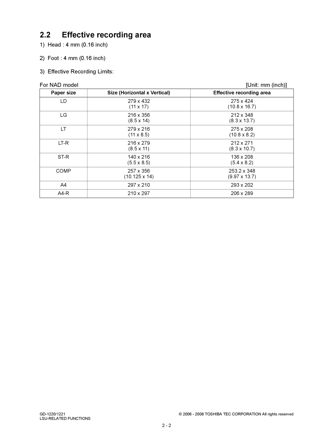 Toshiba GD-1221, GD-1220 service manual Size Horizontal x Vertical Effective recording area 