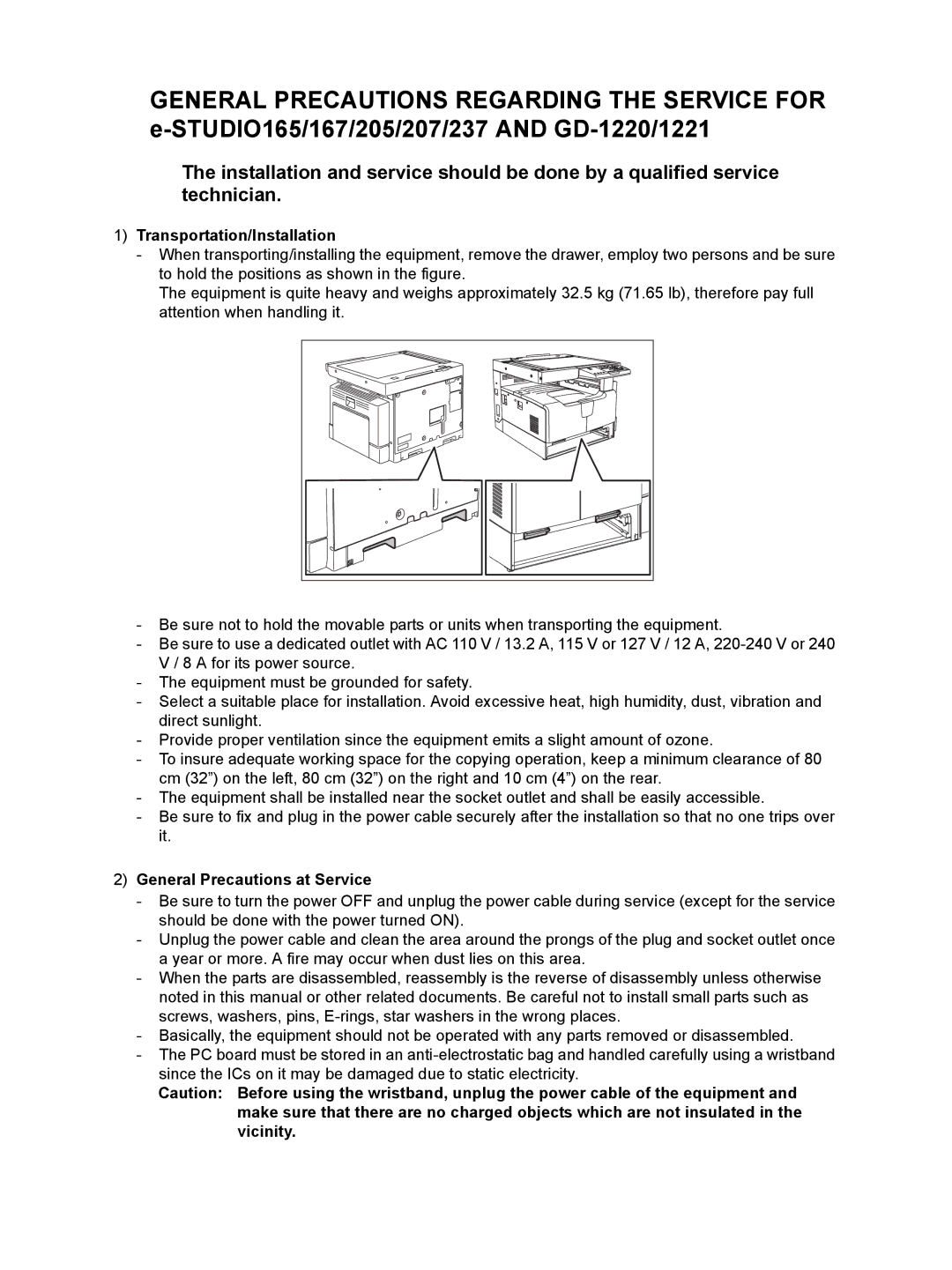 Toshiba GD-1220, GD-1221 service manual Transportation/Installation 