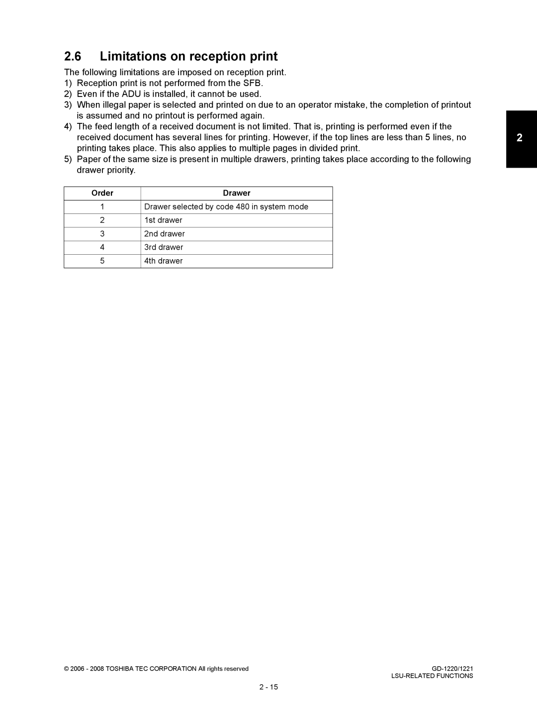 Toshiba GD-1220, GD-1221 service manual Limitations on reception print, Order Drawer 