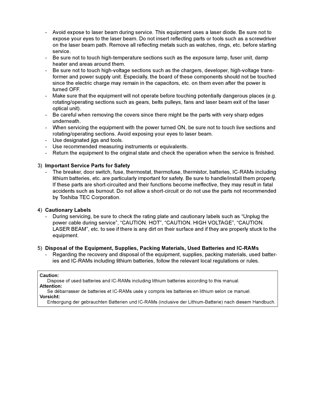 Toshiba GD-1221, GD-1220 service manual Important Service Parts for Safety, Vorsicht 