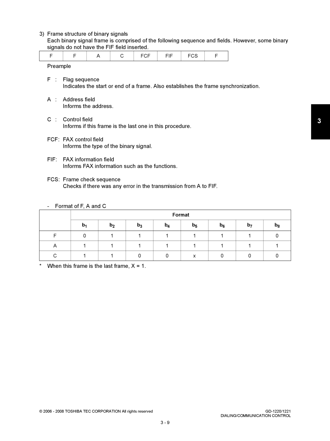 Toshiba GD-1220, GD-1221 service manual When this frame is the last frame, X =, Fcf Fif Fcs, Format 