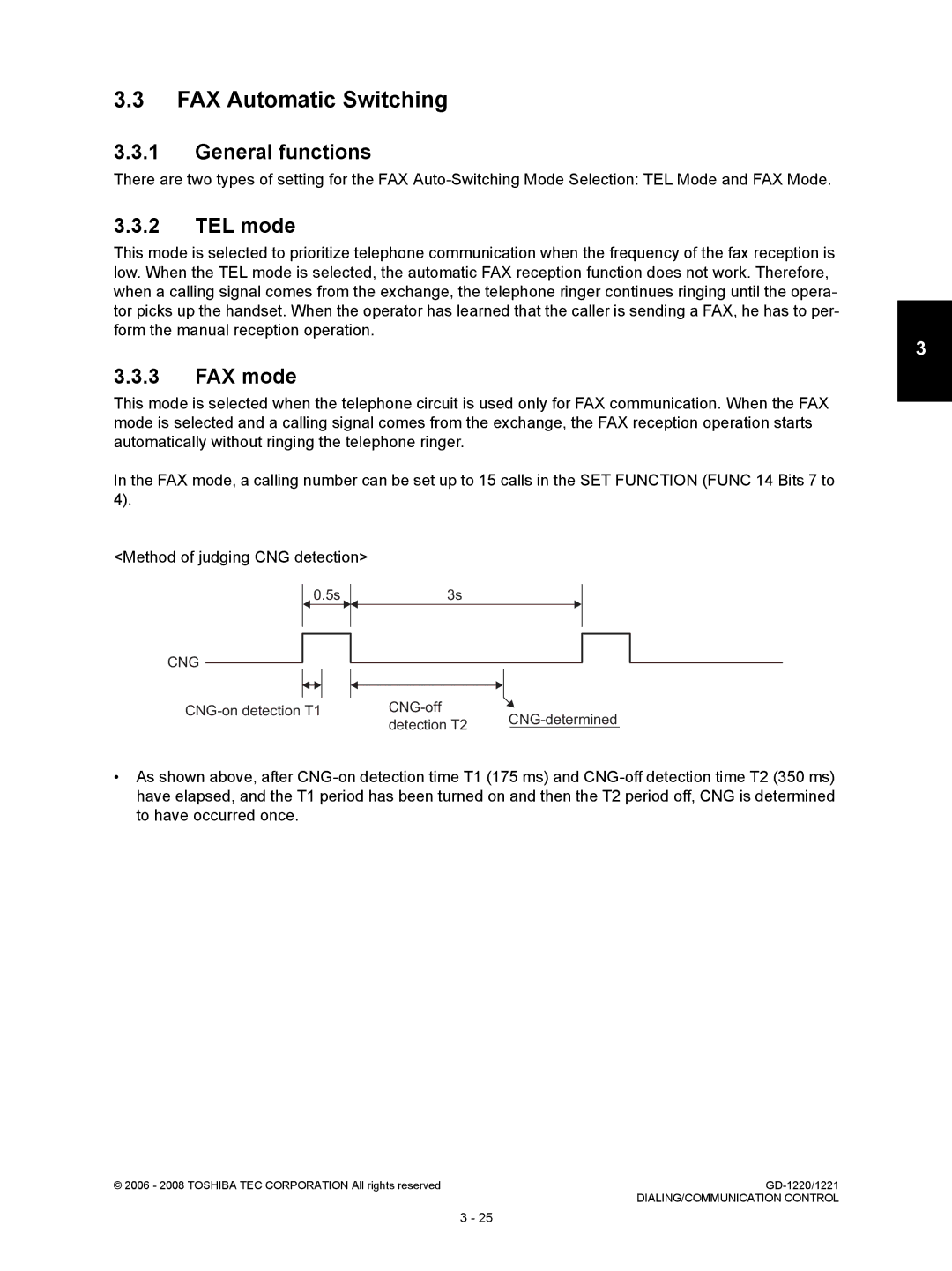 Toshiba GD-1220, GD-1221 service manual FAX Automatic Switching, General functions, TEL mode, FAX mode 