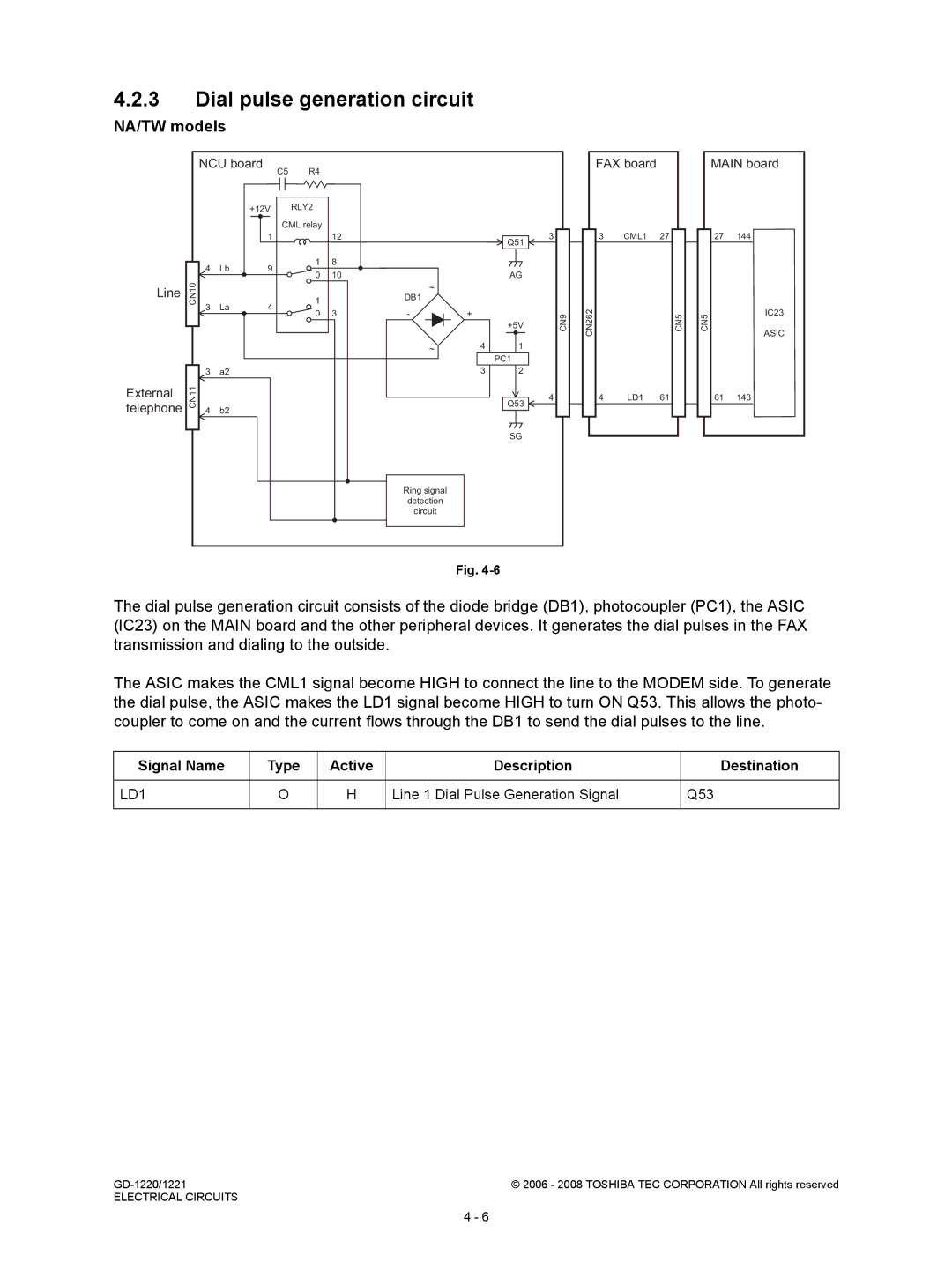 Toshiba GD-1221, GD-1220 service manual Dial pulse generation circuit, Line 1 Dial Pulse Generation Signal Q53 