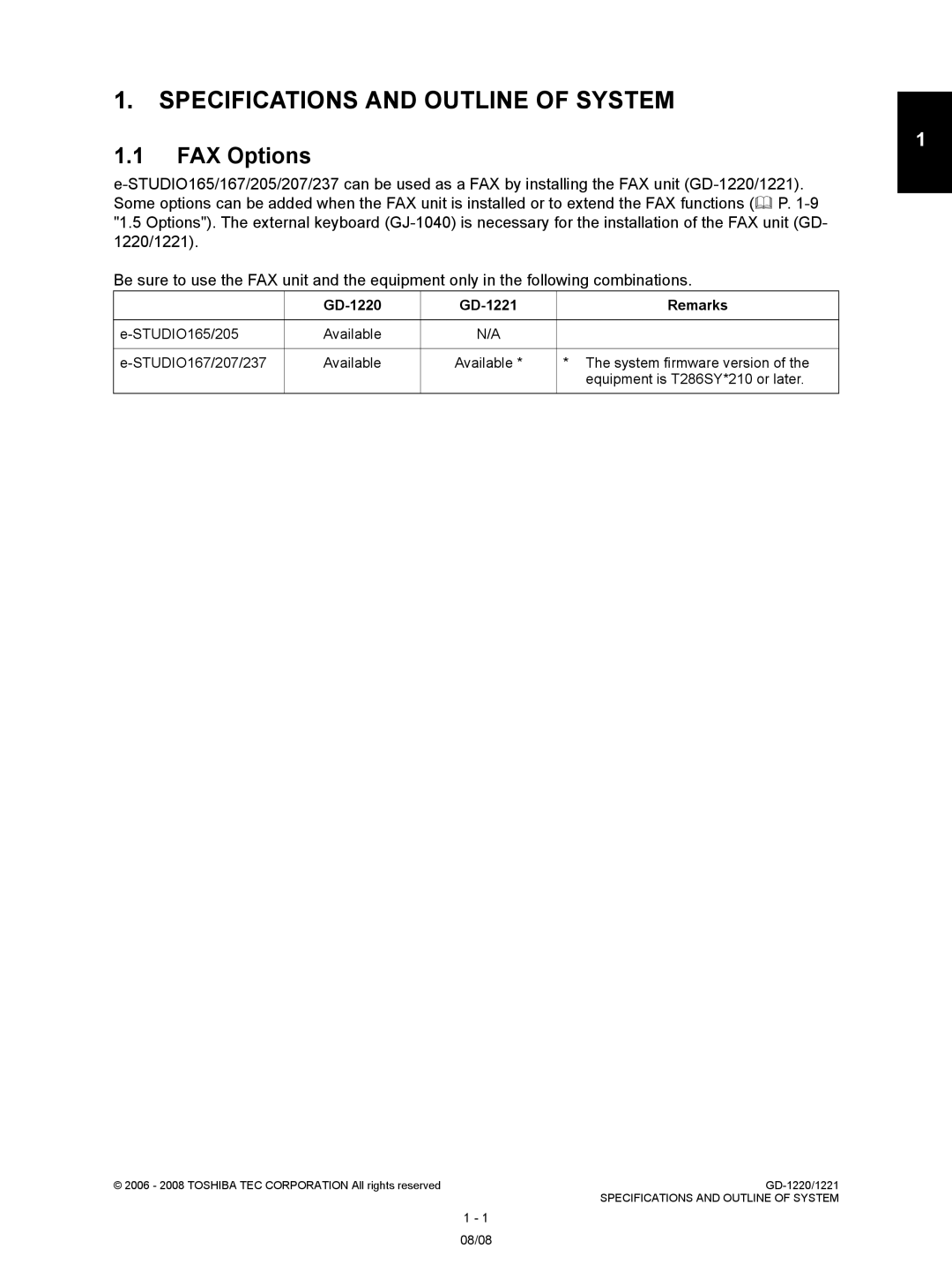 Toshiba FAX Options, GD-1220 GD-1221 Remarks, STUDIO165/205 Available STUDIO167/207/237, System firmware version 