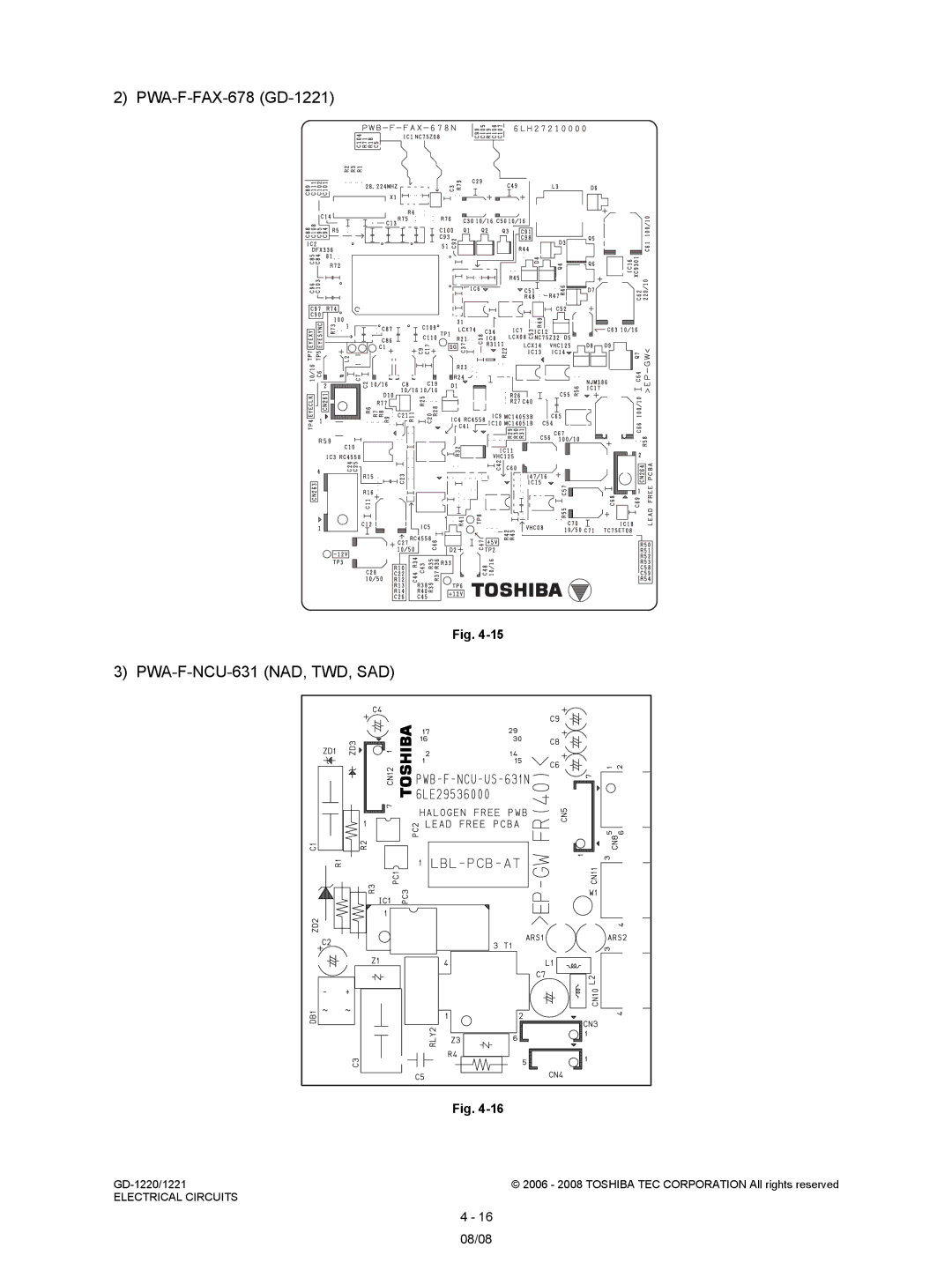 Toshiba GD-1220 service manual PWA-F-FAX-678 GD-1221 PWA-F-NCU-631 NAD, TWD, SAD 