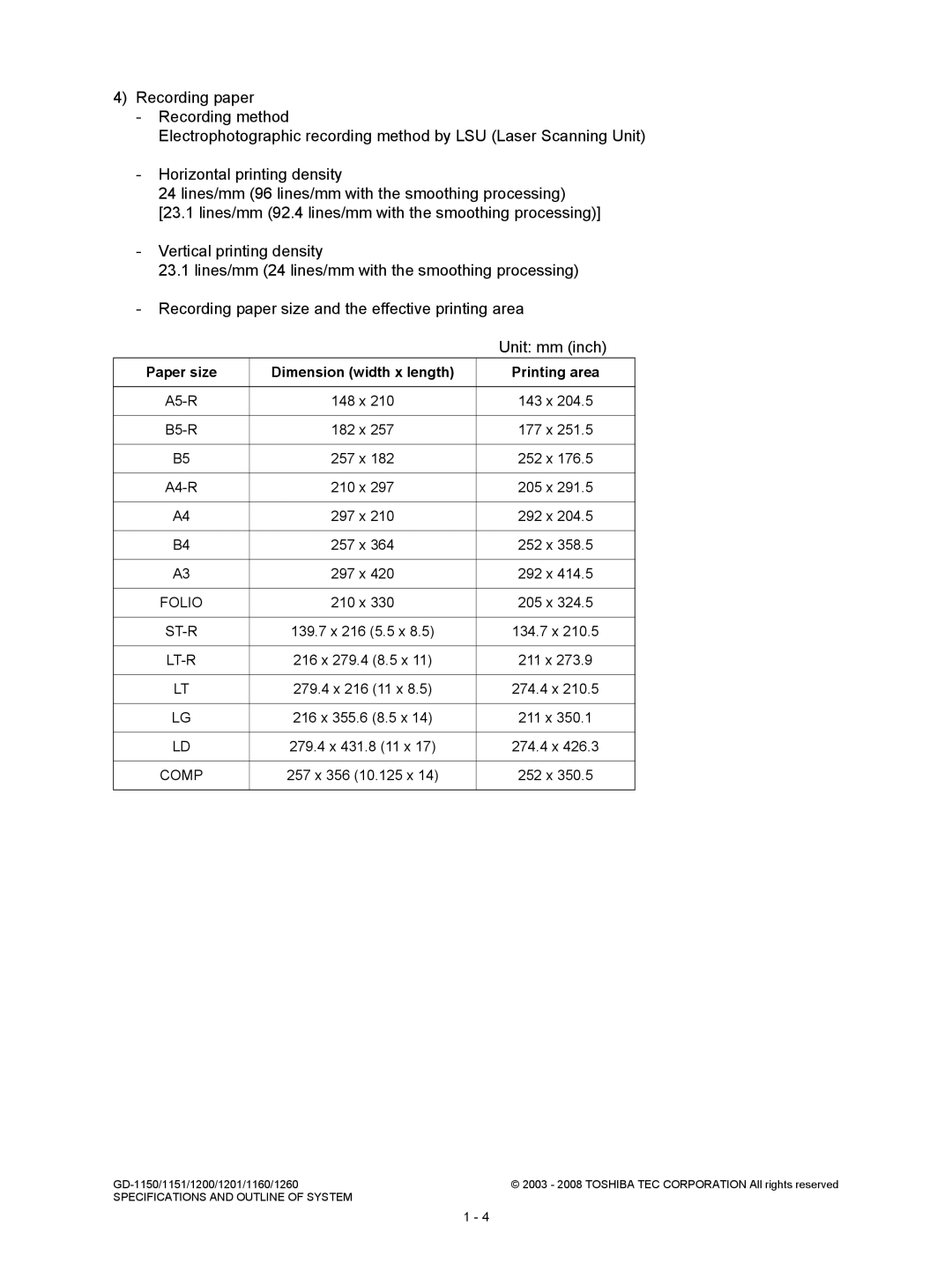 Toshiba GD-1201, GD-1260, GD-1160, GD-1151, Model: GD-1150 service manual Dimension width x length Printing area, Comp 