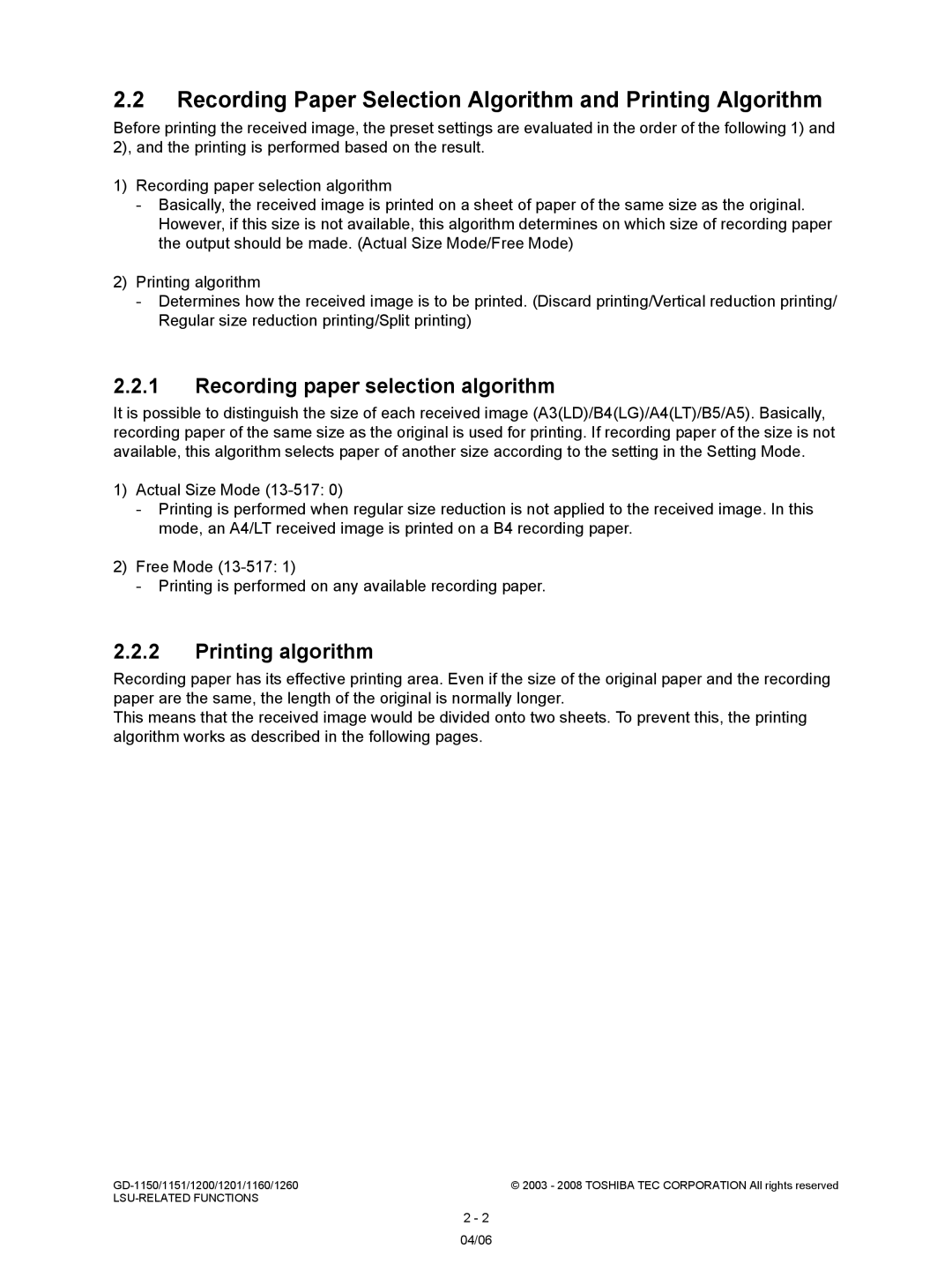 Toshiba GD-1151, GD-1260 Recording Paper Selection Algorithm and Printing Algorithm, Recording paper selection algorithm 